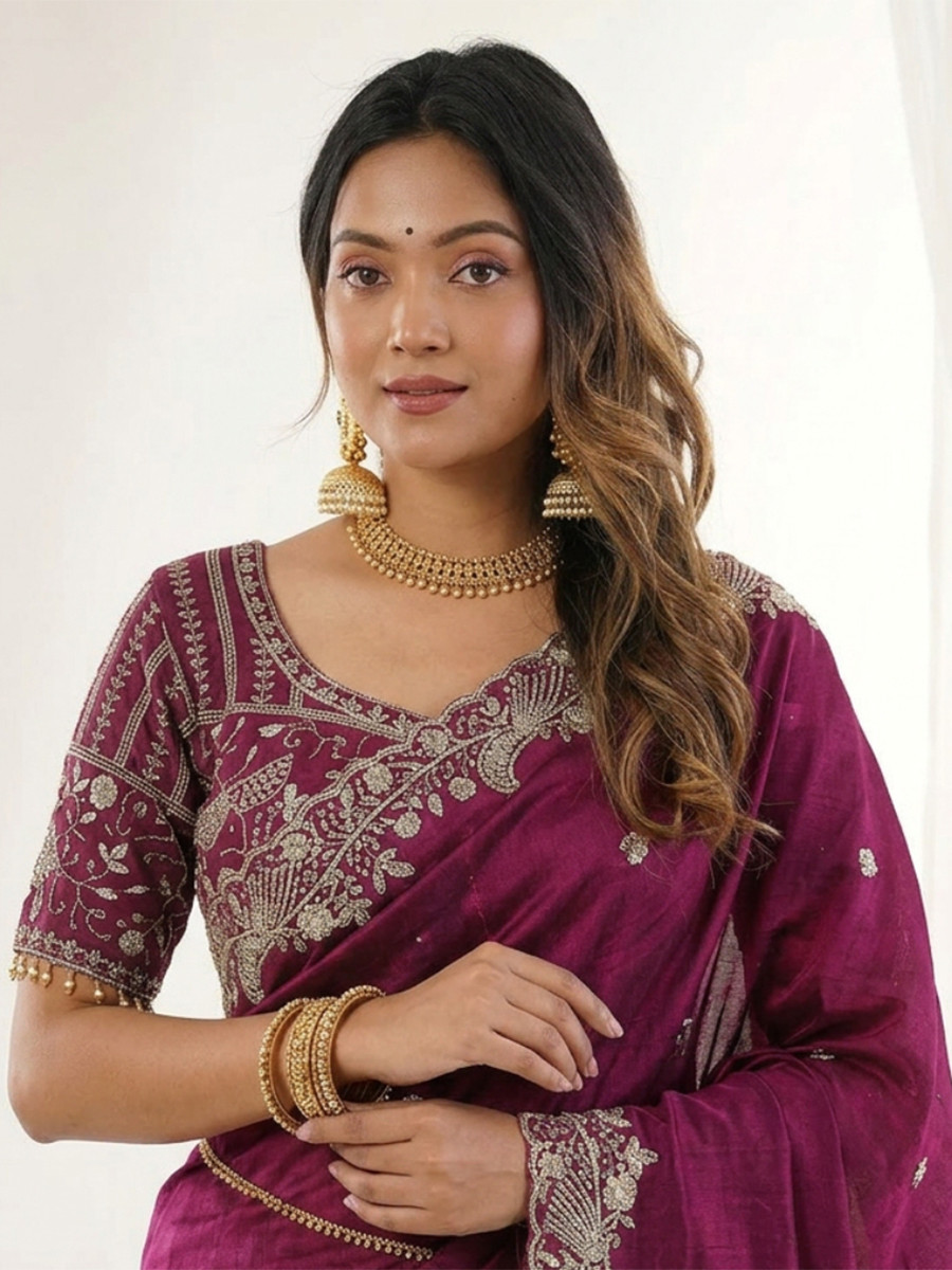 Maroon Fendy Satin Designer Embroidery Wedding Reception Party Festival Casual Heavy Border Sarees