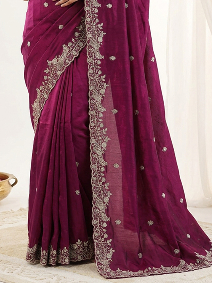 Maroon Fendy Satin Designer Embroidery Wedding Reception Party Festival Casual Heavy Border Sarees