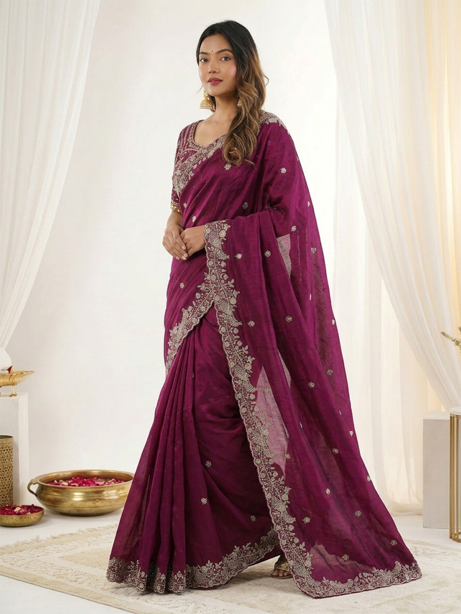 Maroon Fendy Satin Designer Embroidery Wedding Reception Party Festival Casual Heavy Border Sarees