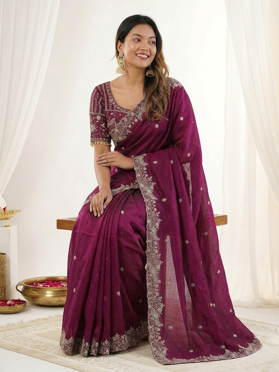 Maroon Fendy Satin Designer Embroidery Wedding Reception Party Festival Casual Heavy Border Sarees