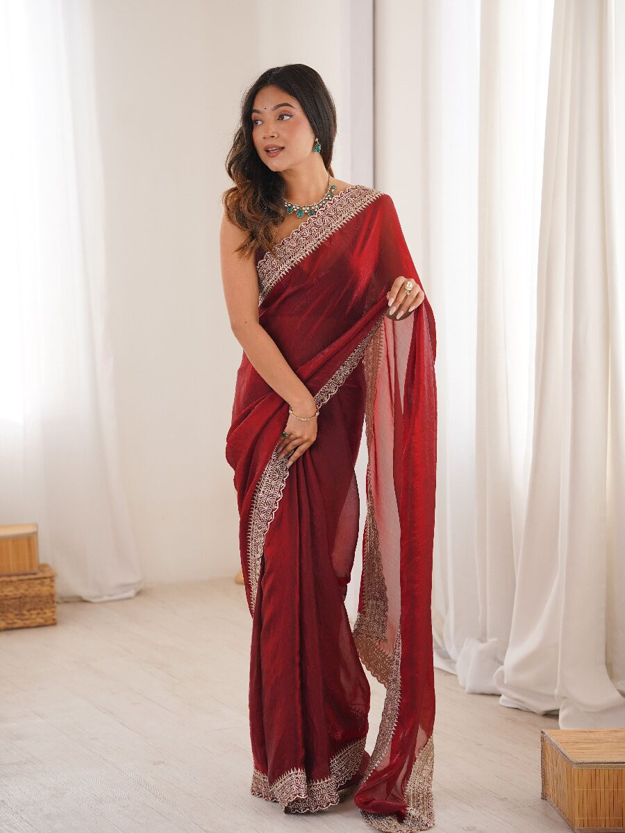 Maroon Fendy Satin Embroidery Lace Border Wedding Party Festival Reception Casual Heavy Border Sarees