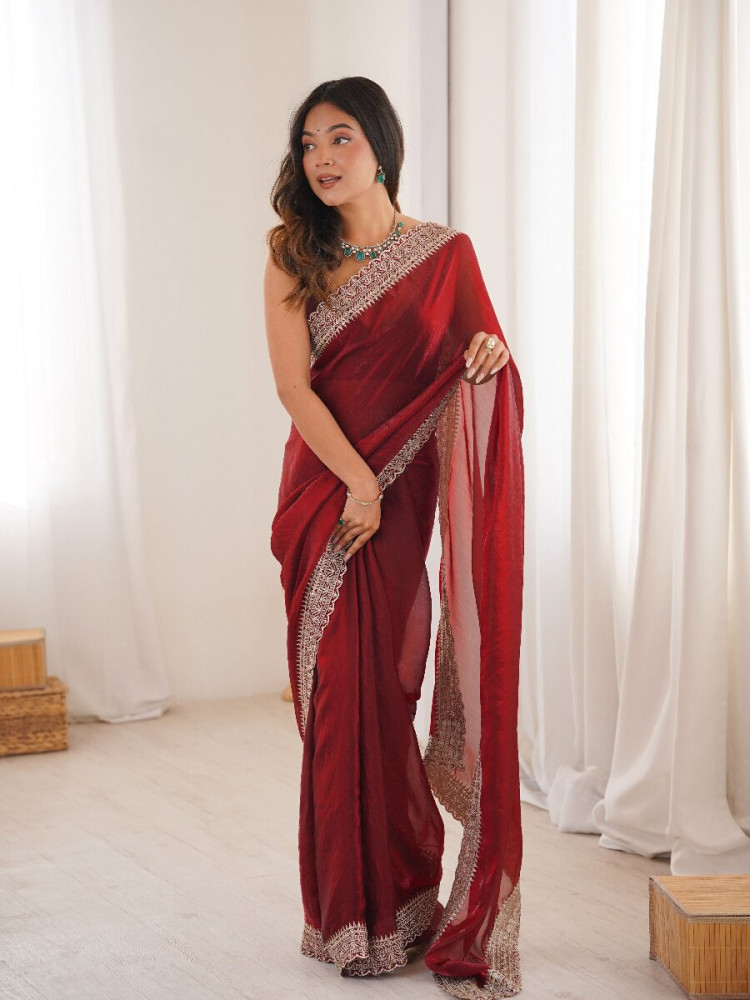 Image of Maroon Fendy Satin Embroidery  Lace Border Wedding Party Festival Reception Casual Heavy Border Sarees