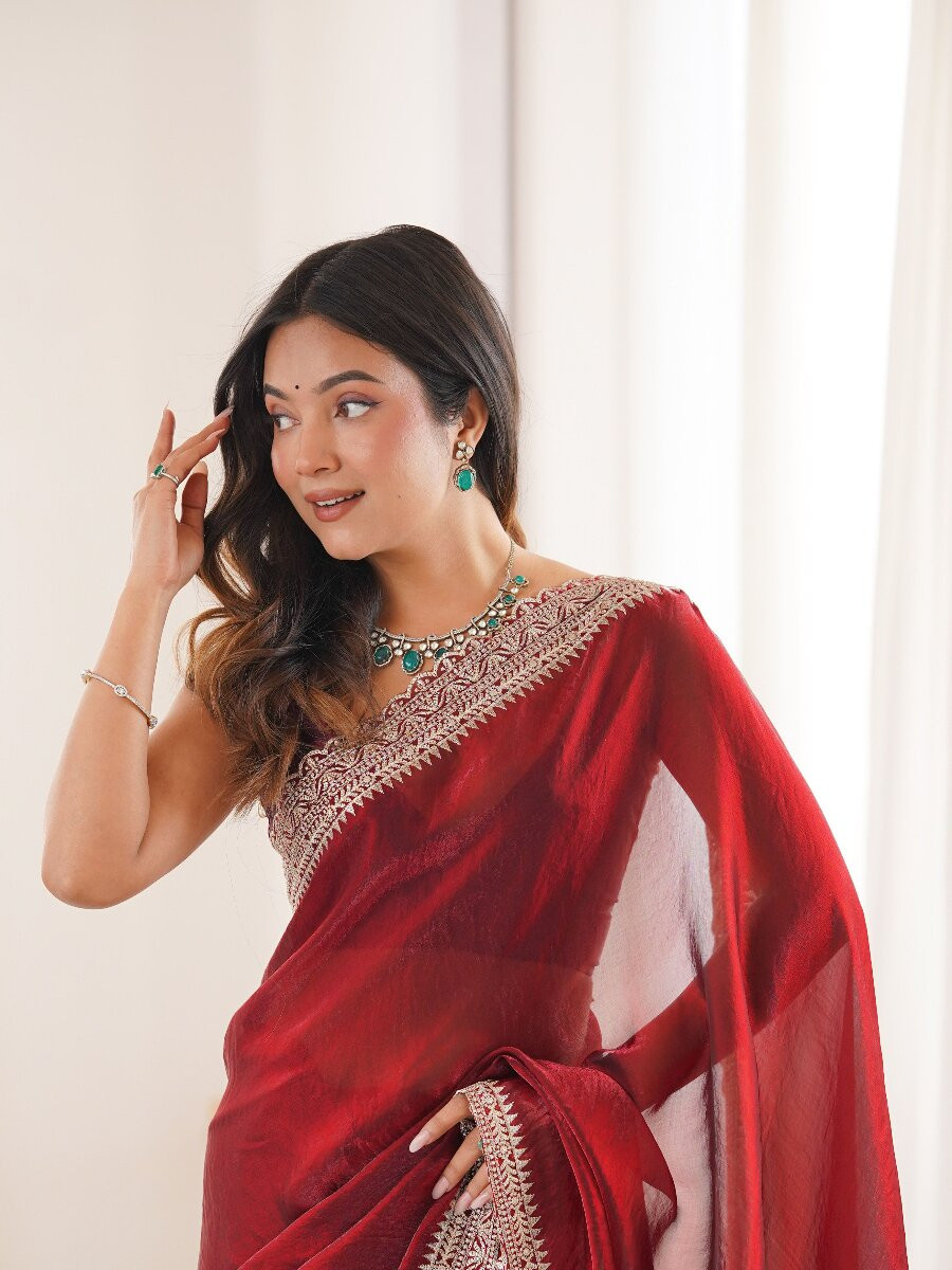 Maroon Fendy Satin Embroidery Lace Border Wedding Party Festival Reception Casual Heavy Border Sarees