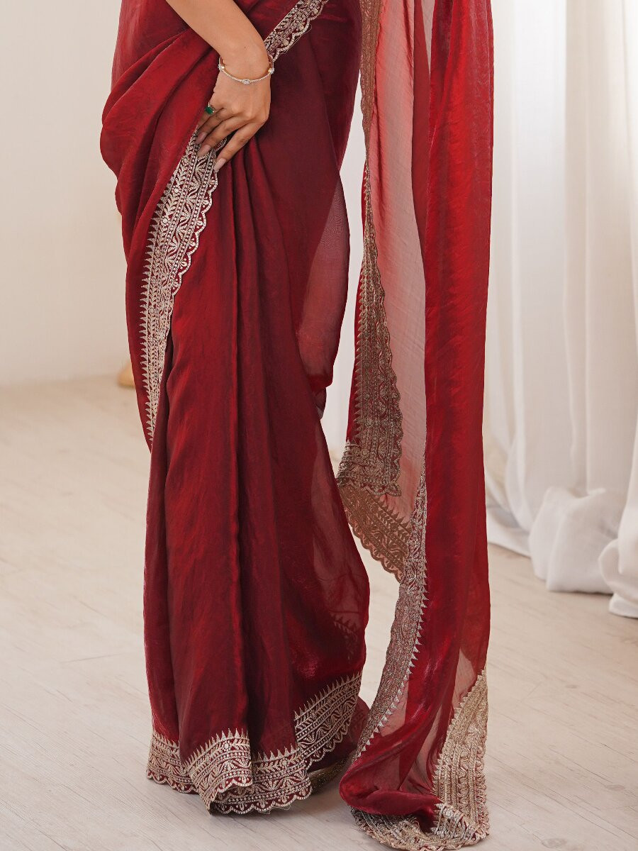 Maroon Fendy Satin Embroidery Lace Border Wedding Party Festival Reception Casual Heavy Border Sarees