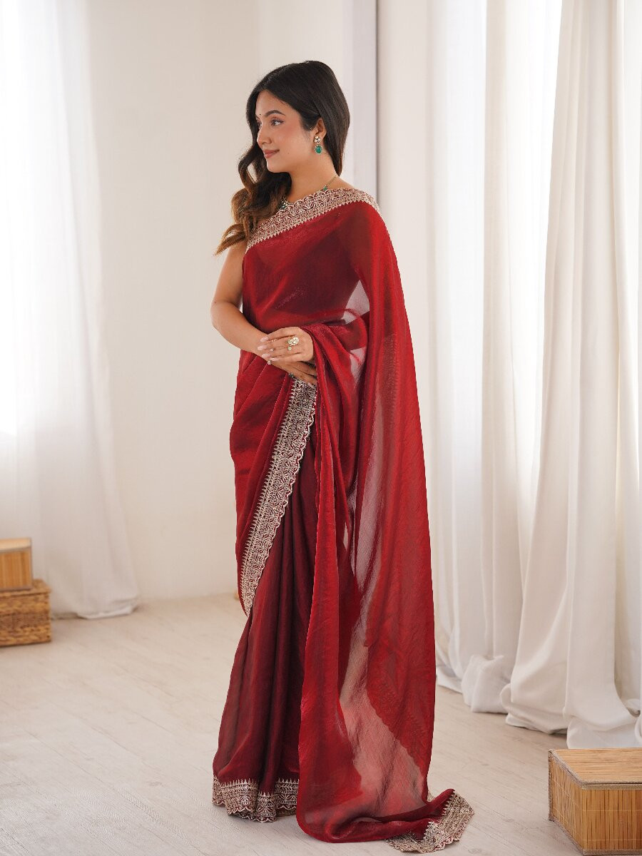 Maroon Fendy Satin Embroidery Lace Border Wedding Party Festival Reception Casual Heavy Border Sarees