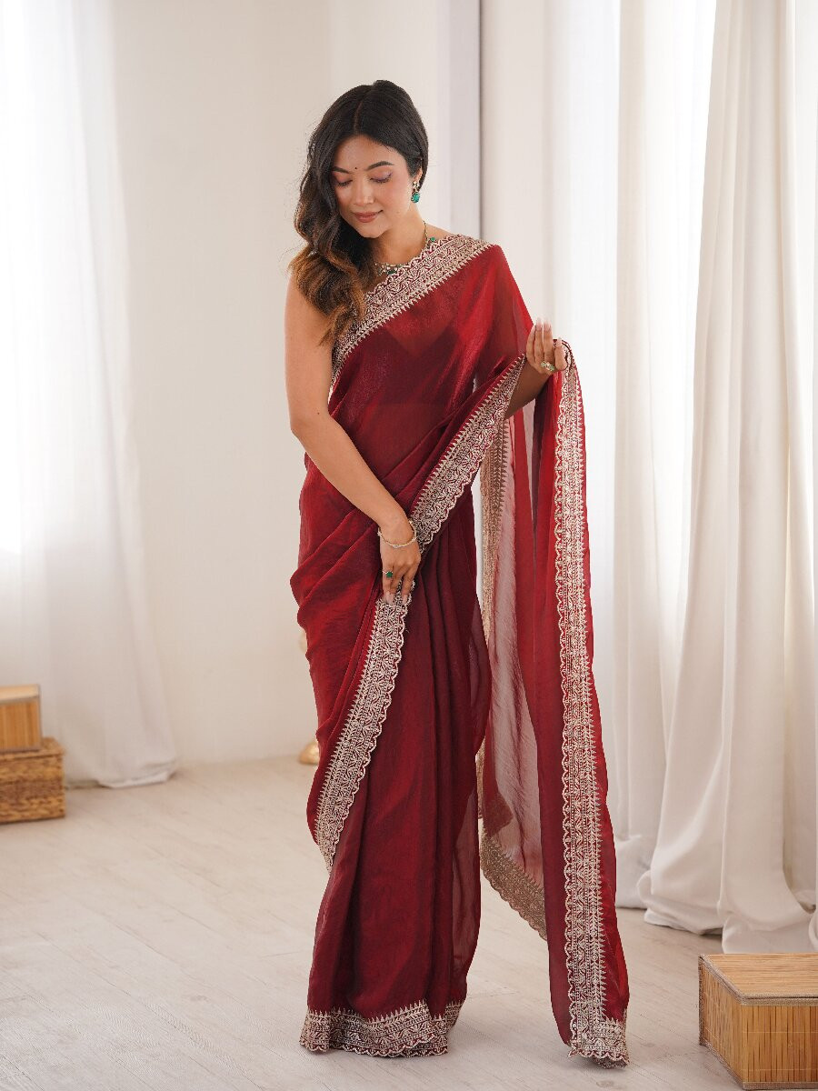 Maroon Fendy Satin Embroidery Lace Border Wedding Party Festival Reception Casual Heavy Border Sarees