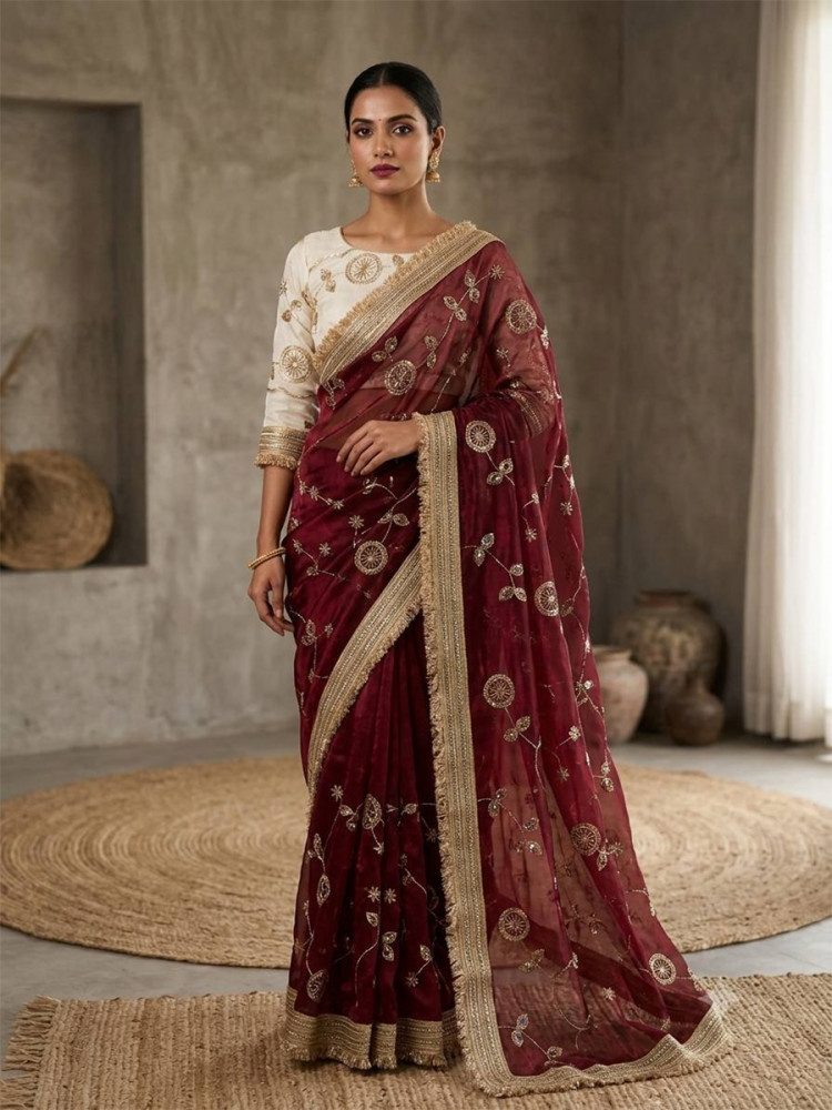 Image of Maroon Fendy Satin Silk Embroidery Wedding Reception Party Festival Casual Heavy Border Sarees