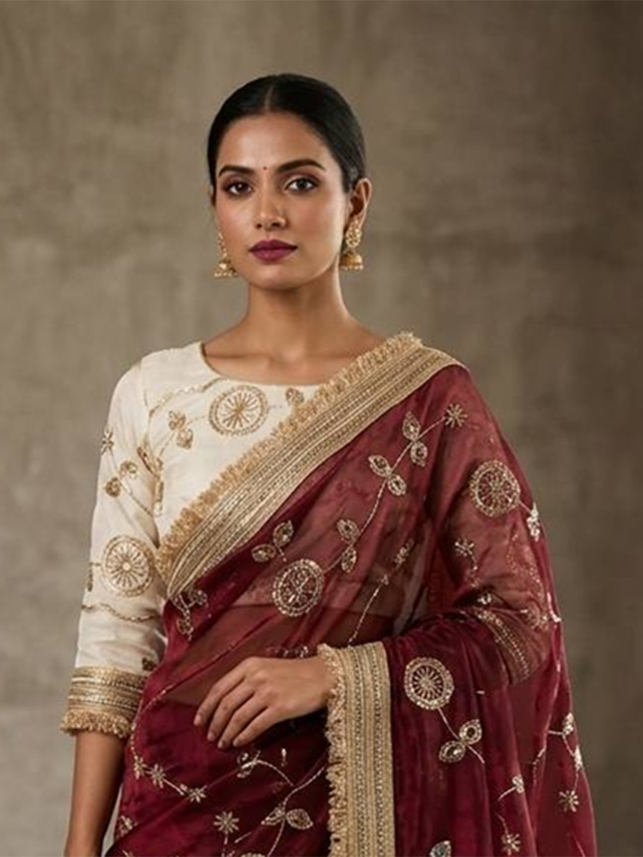 Maroon Fendy Satin Silk Embroidery Wedding Reception Party Festival Casual Heavy Border Sarees