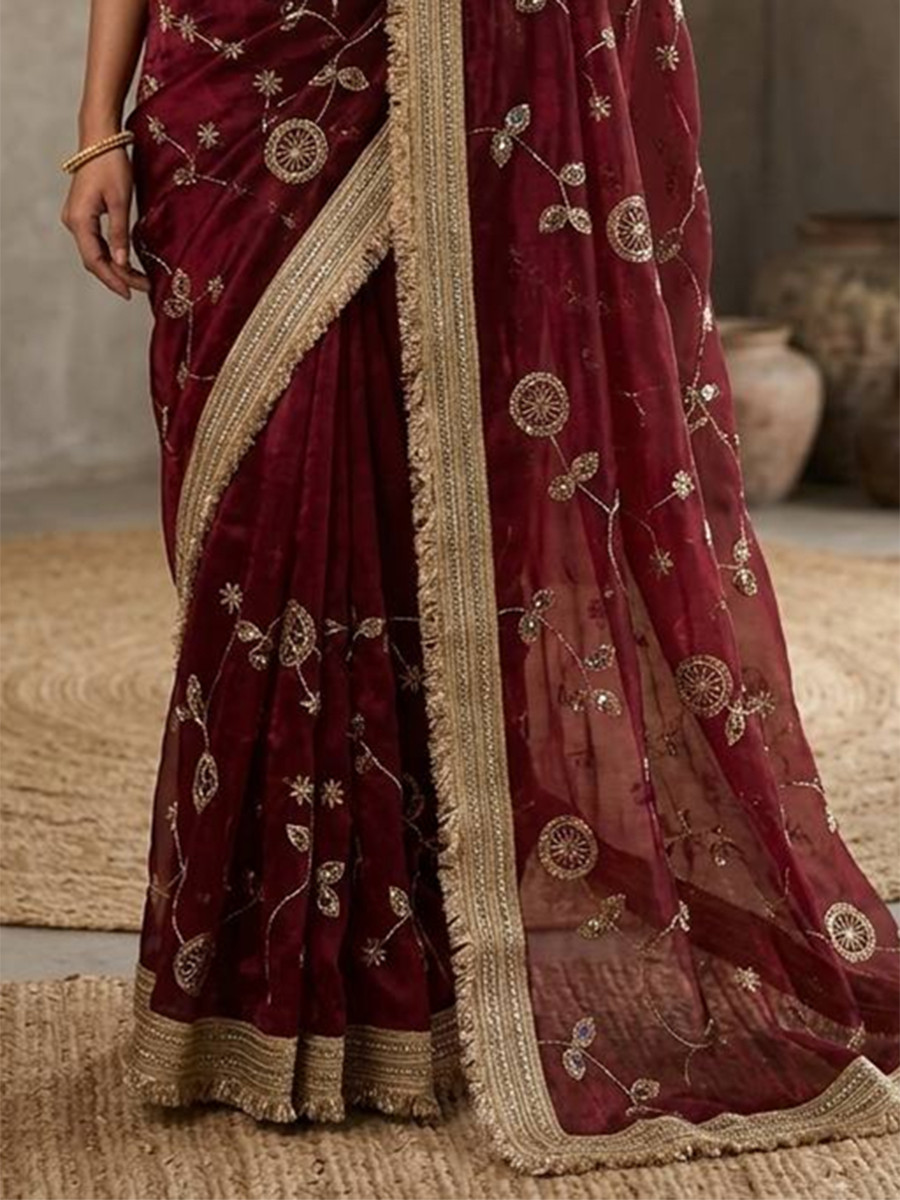 Maroon Fendy Satin Silk Embroidery Wedding Reception Party Festival Casual Heavy Border Sarees