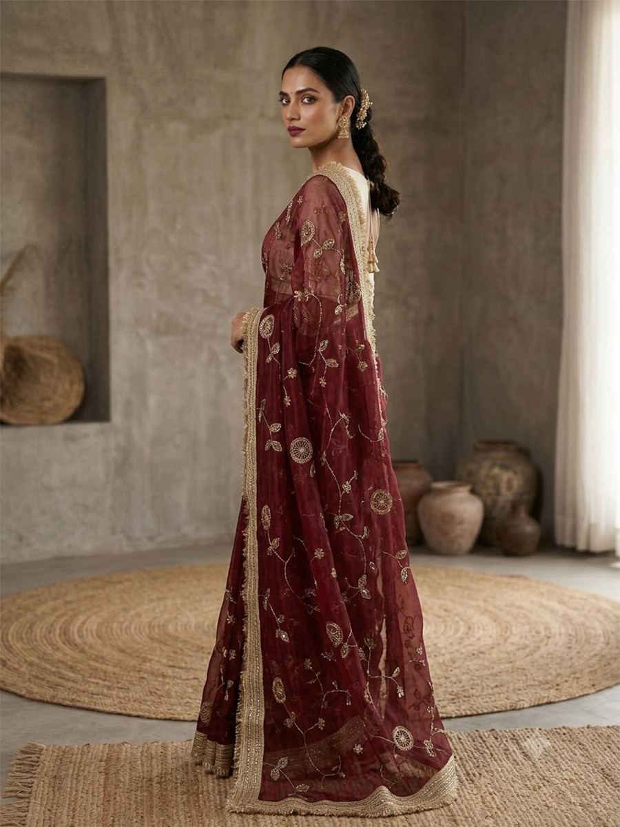 Maroon Fendy Satin Silk Embroidery Wedding Reception Party Festival Casual Heavy Border Sarees
