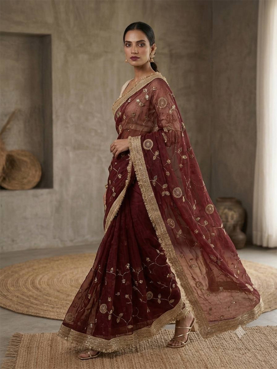 Maroon Fendy Satin Silk Embroidery Wedding Reception Party Festival Casual Heavy Border Sarees