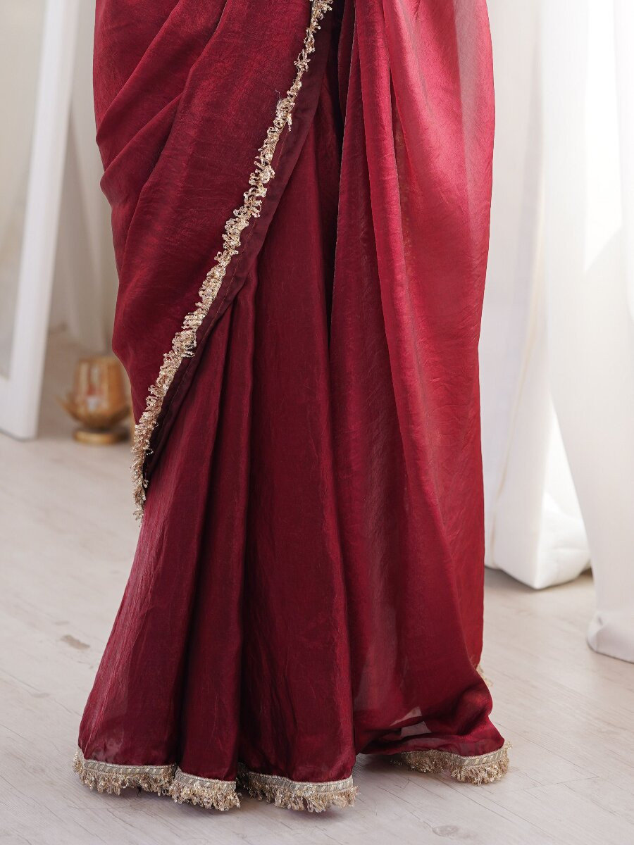 Maroon Fendy Satin Zari Sequins Double Shaded Wedding Reception Party Festival Casual Heavy Border Sarees