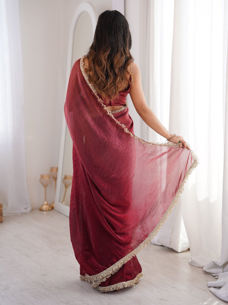 Maroon Fendy Satin Zari Sequins Double Shaded Wedding Reception Party Festival Casual Heavy Border Sarees