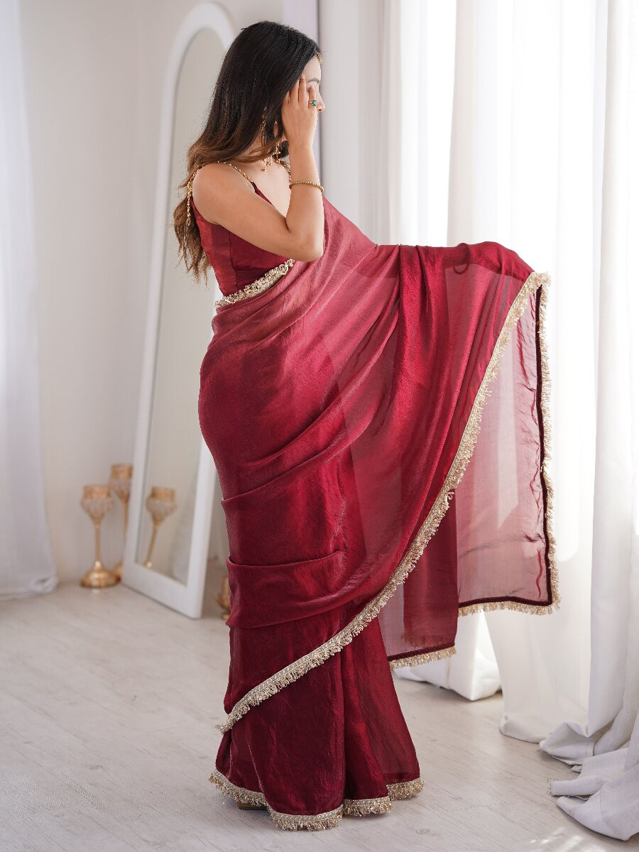Maroon Fendy Satin Zari Sequins Double Shaded Wedding Reception Party Festival Casual Heavy Border Sarees