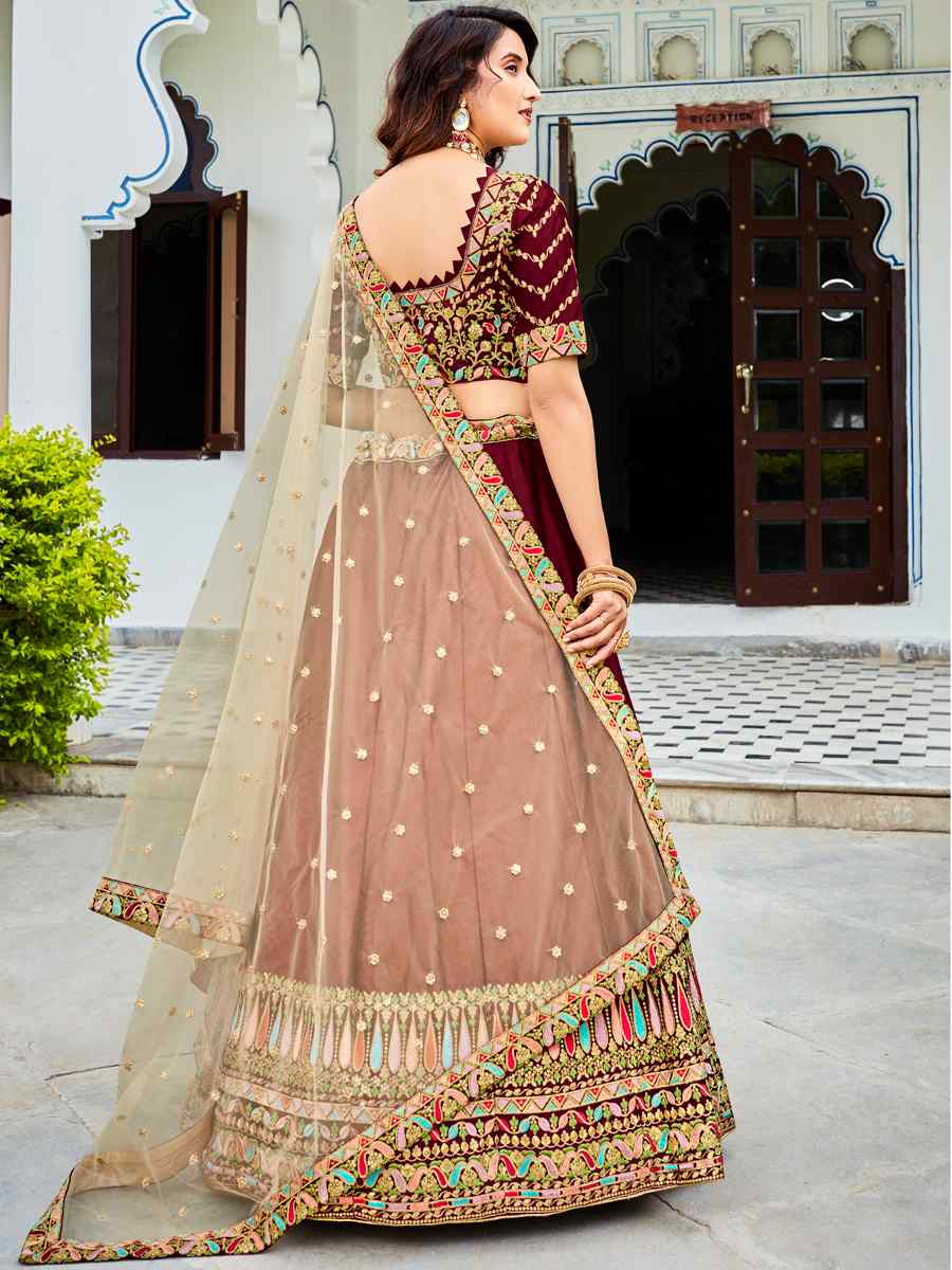 Maroon Ferrari Silk Embroidered Wedding Festival Heavy Border Lehenga Choli