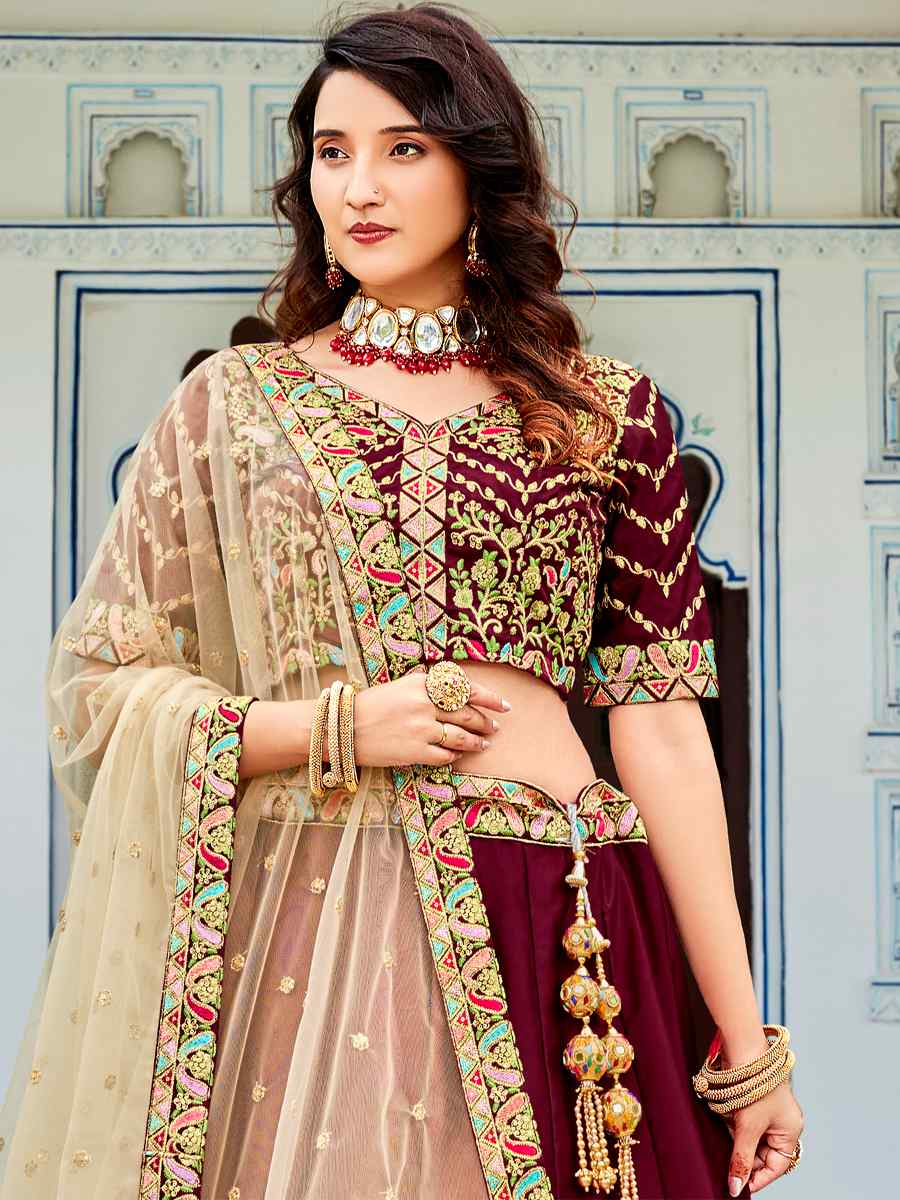 Maroon Ferrari Silk Embroidered Wedding Festival Heavy Border Lehenga Choli