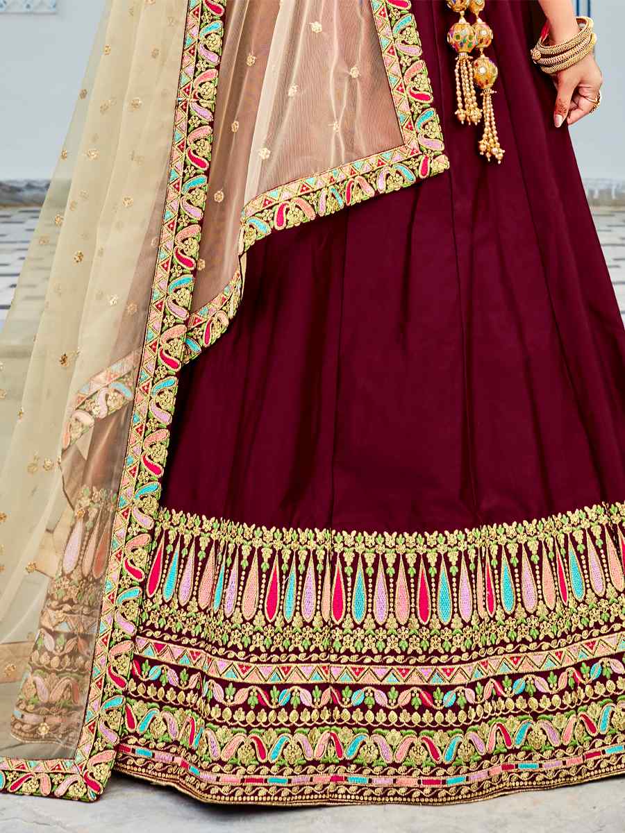 Maroon Ferrari Silk Embroidered Wedding Festival Heavy Border Lehenga Choli