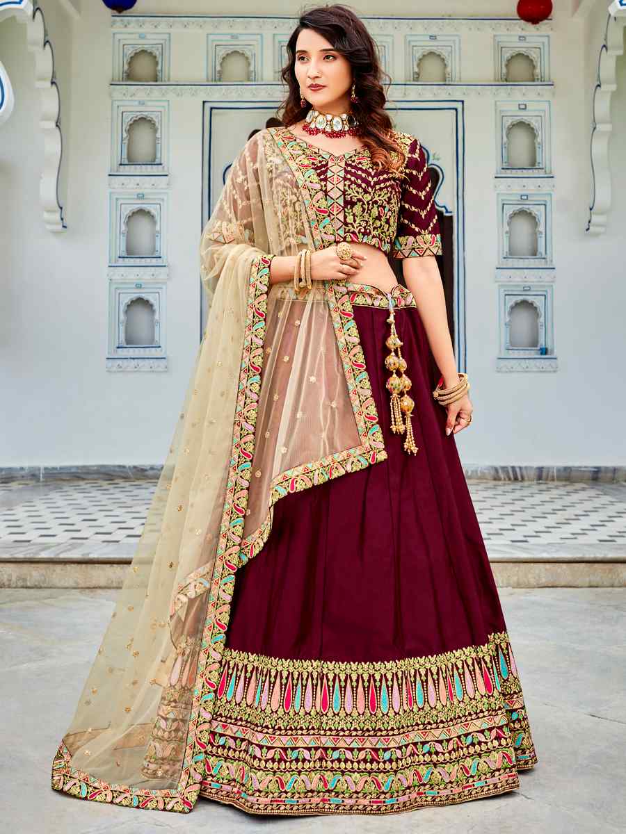 Maroon Ferrari Silk Embroidered Wedding Festival Heavy Border Lehenga Choli