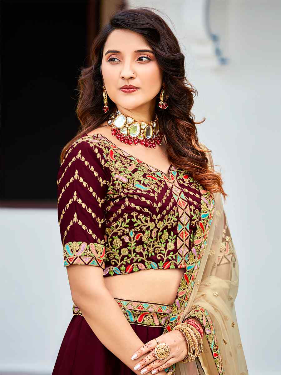 Maroon Ferrari Silk Embroidered Wedding Festival Heavy Border Lehenga Choli
