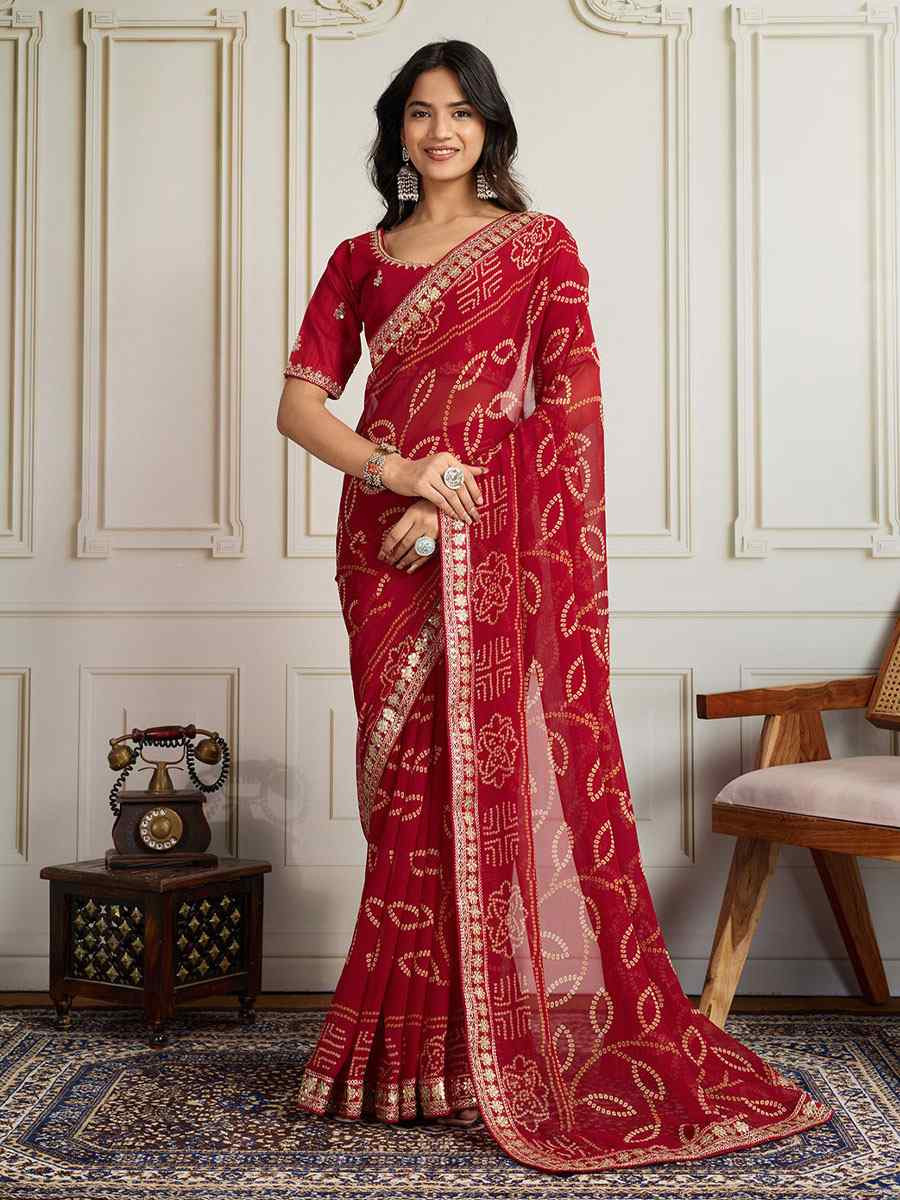 Maroon Georgette Bhandej Print with Embroidery Party Bridal Reception Festival Wedding Fancy Heavy Border Saree