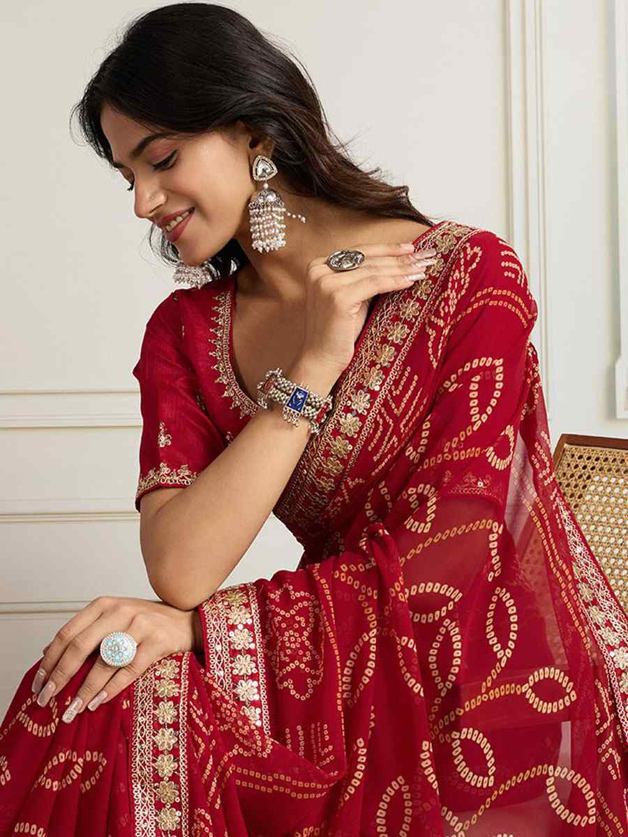 Maroon Georgette Bhandej Print with Embroidery Party Bridal Reception Festival Wedding Fancy Heavy Border Saree