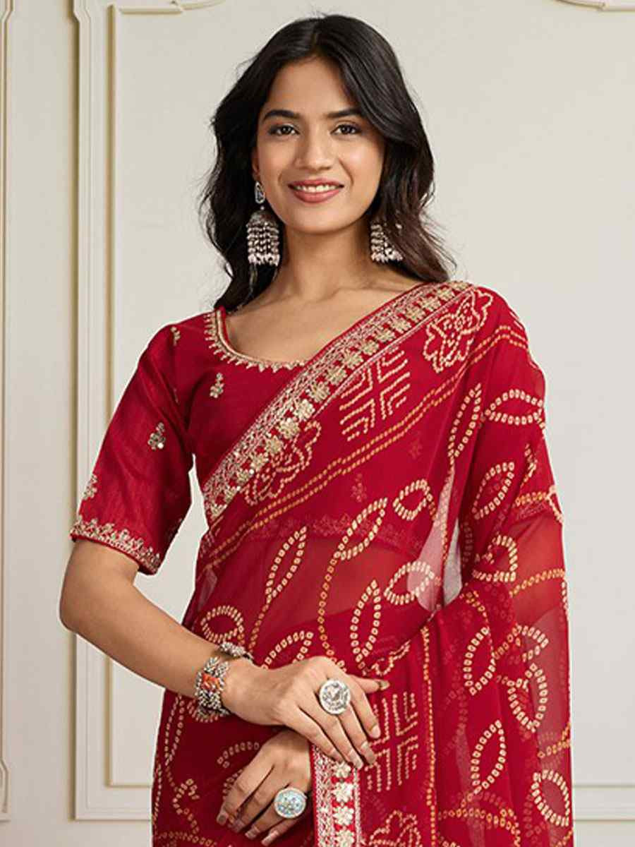 Maroon Georgette Bhandej Print with Embroidery Party Bridal Reception Festival Wedding Fancy Heavy Border Saree