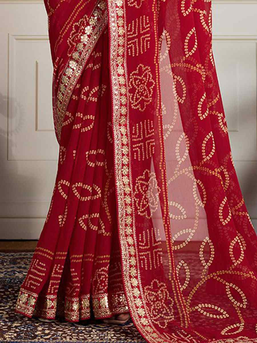 Maroon Georgette Bhandej Print with Embroidery Party Bridal Reception Festival Wedding Fancy Heavy Border Saree