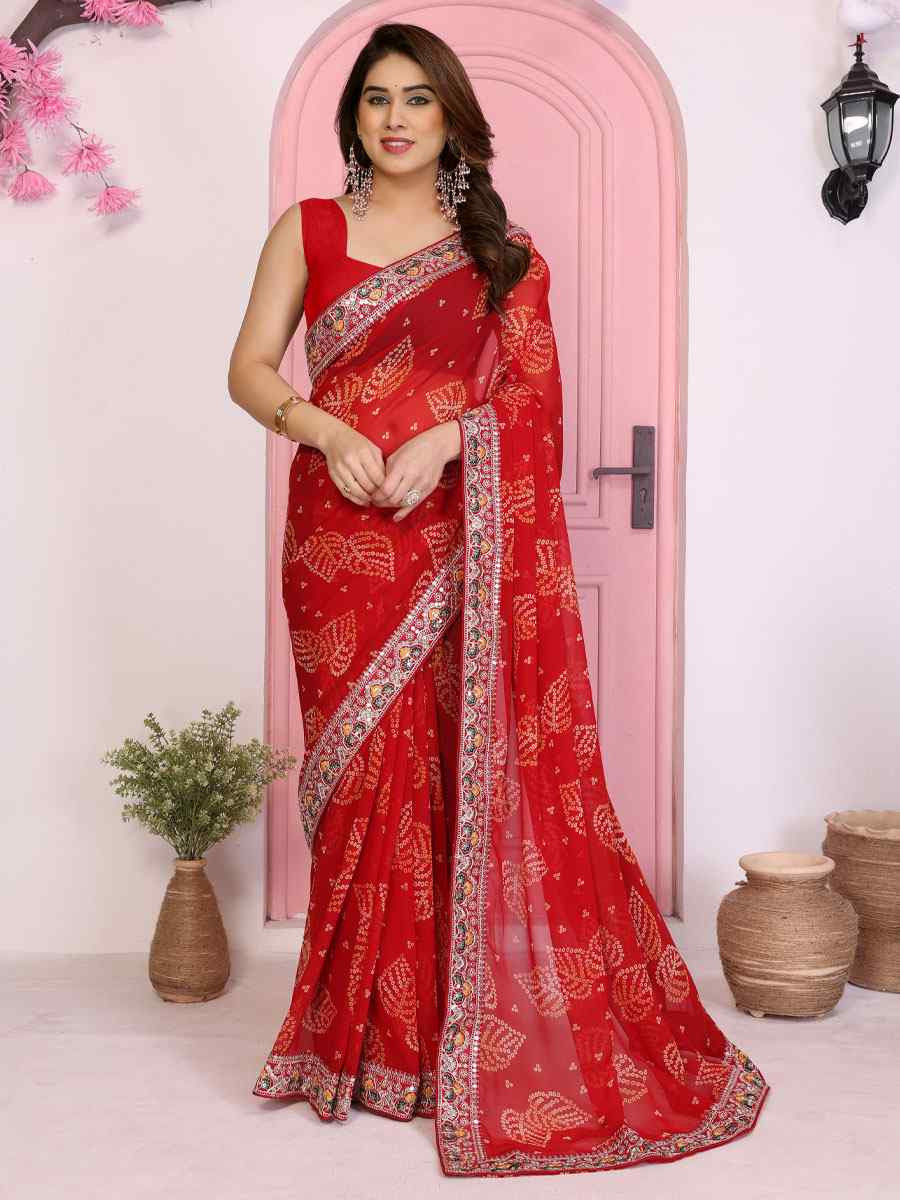 Maroon Georgette Bhandej Print with Embroidery Party Bridal Reception Festival Wedding Fancy Heavy Border Saree