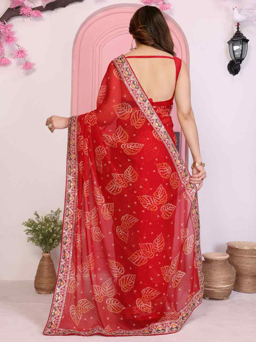 Maroon Georgette Bhandej Print with Embroidery Party Bridal Reception Festival Wedding Fancy Heavy Border Saree
