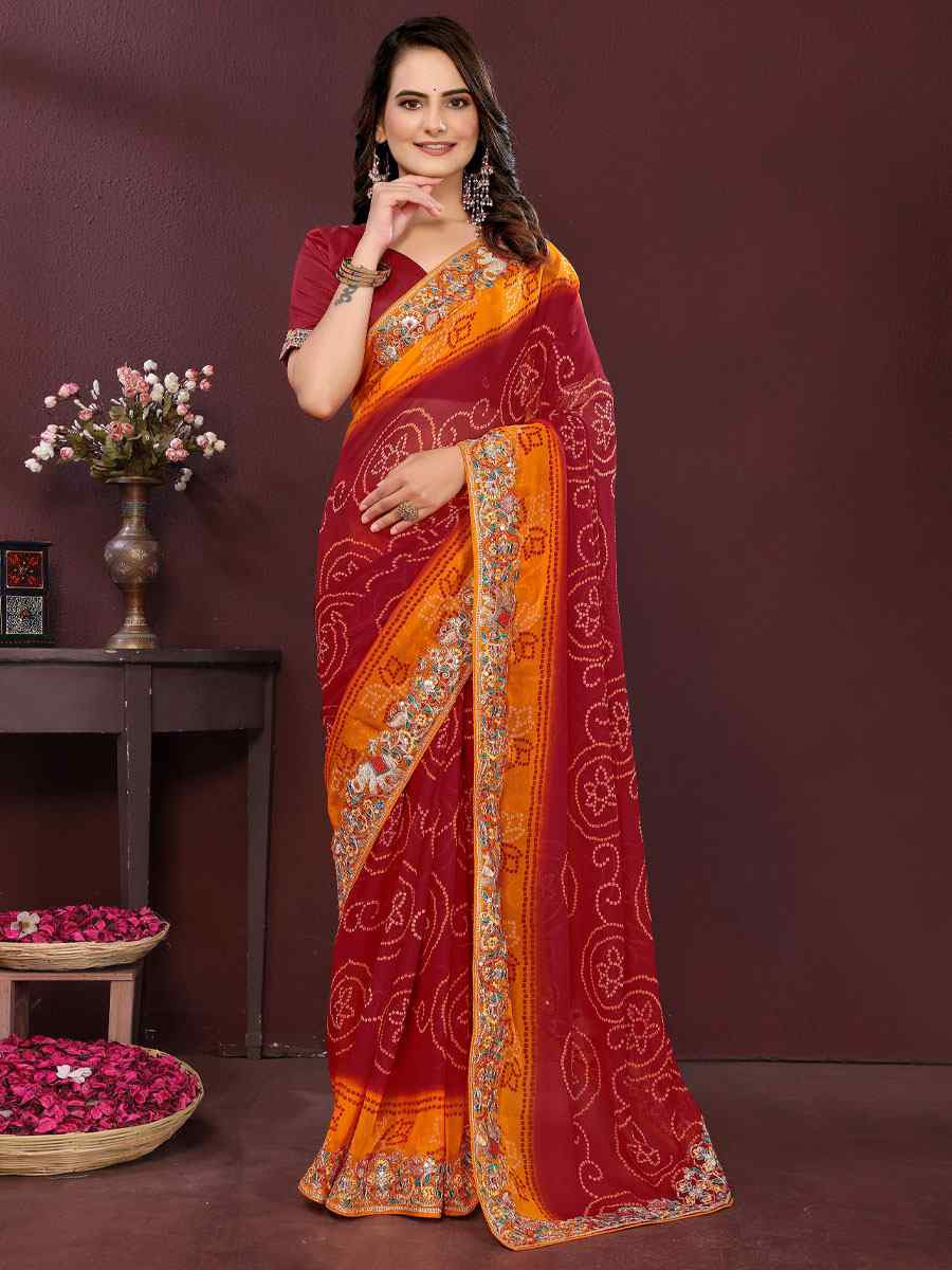 Maroon Georgette Bhandej Print with Embroidery Party Bridal Reception Festival Wedding Fancy Heavy Border Saree