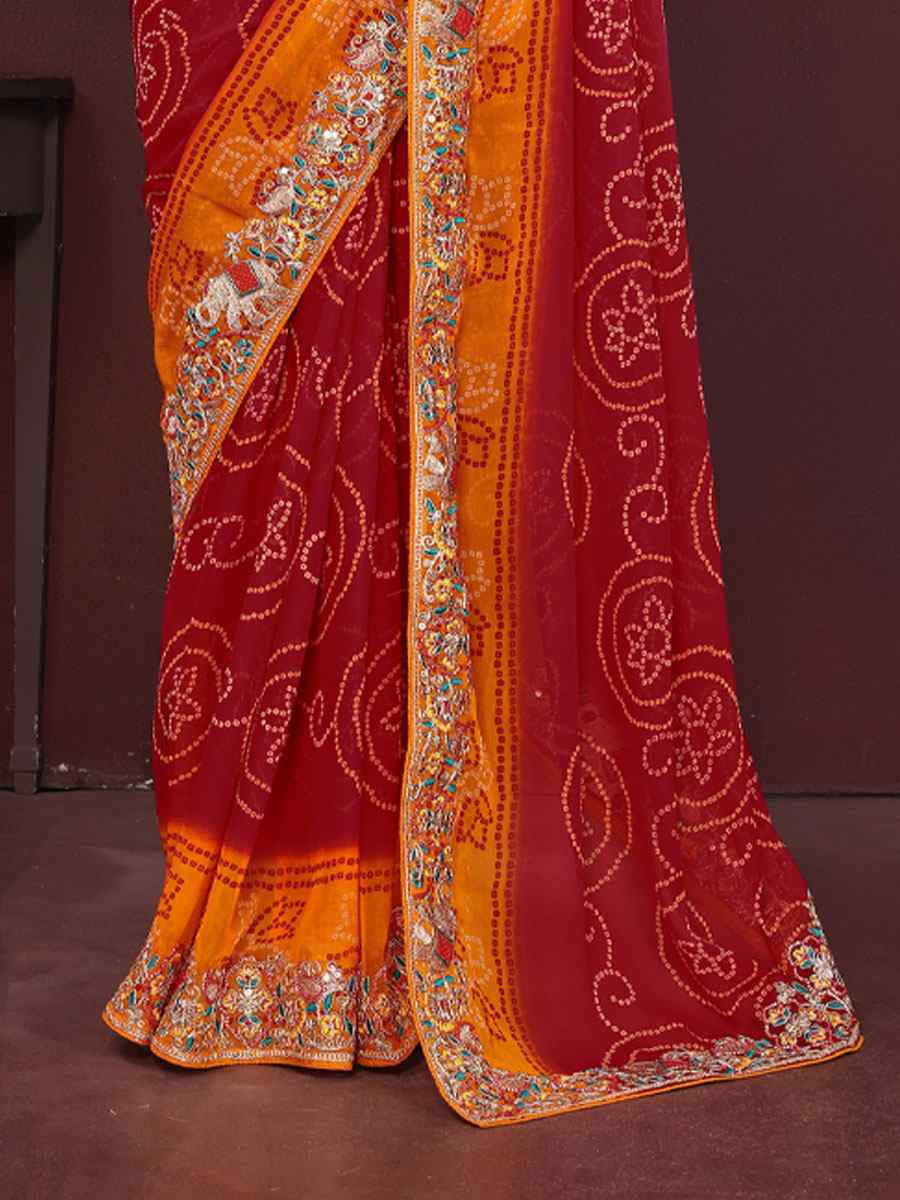 Maroon Georgette Bhandej Print with Embroidery Party Bridal Reception Festival Wedding Fancy Heavy Border Saree