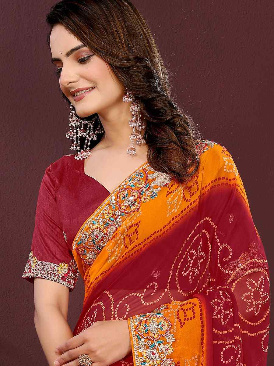Maroon Georgette Bhandej Print with Embroidery Party Bridal Reception Festival Wedding Fancy Heavy Border Saree