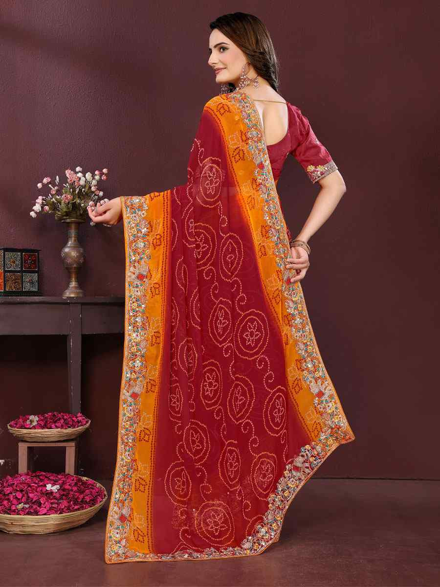 Maroon Georgette Bhandej Print with Embroidery Party Bridal Reception Festival Wedding Fancy Heavy Border Saree