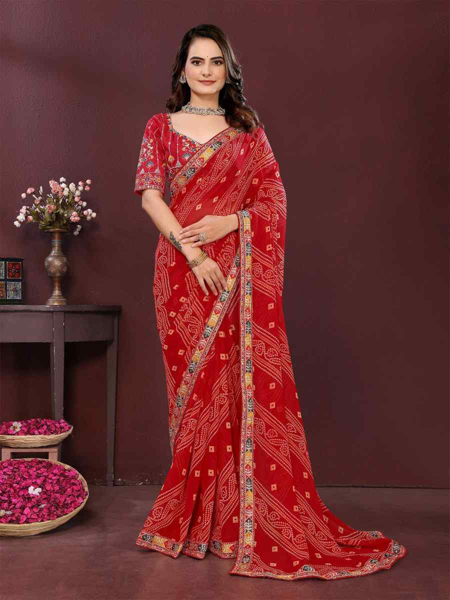 Maroon Georgette Bhandej Printed Embroidery Traditional Festival Reception Festival Wedding Fancy Heavy Border Saree