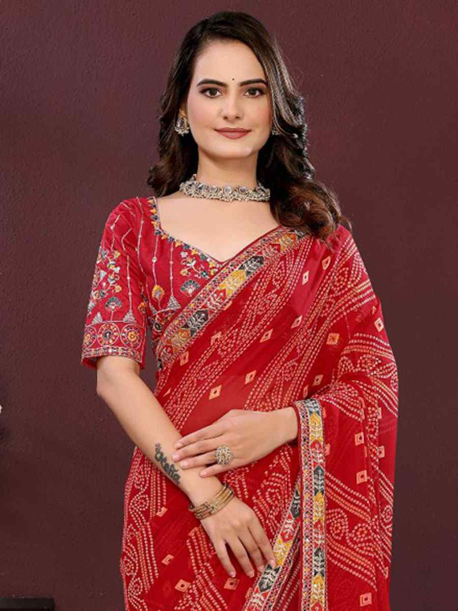 Maroon Georgette Bhandej Printed Embroidery Traditional Festival Reception Festival Wedding Fancy Heavy Border Saree