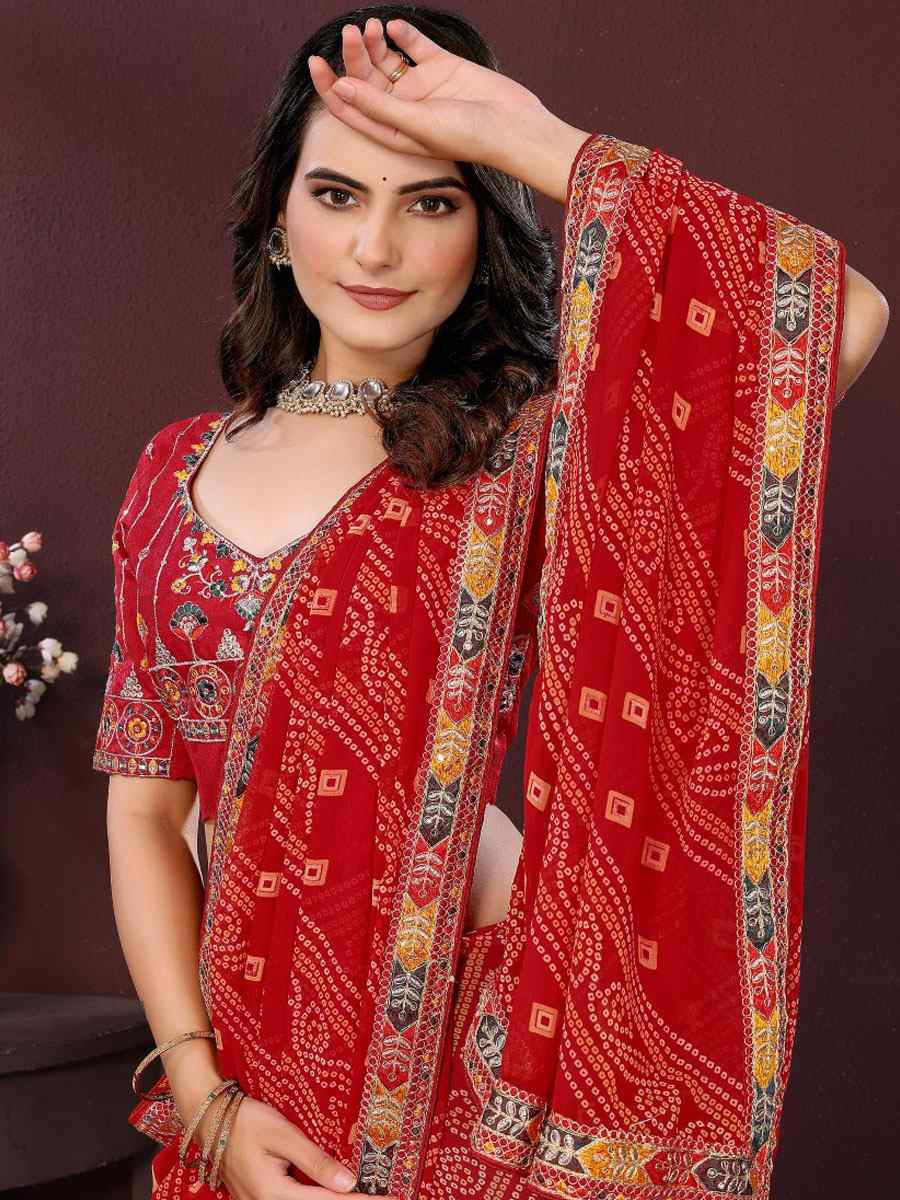 Maroon Georgette Bhandej Printed Embroidery Traditional Festival Reception Festival Wedding Fancy Heavy Border Saree