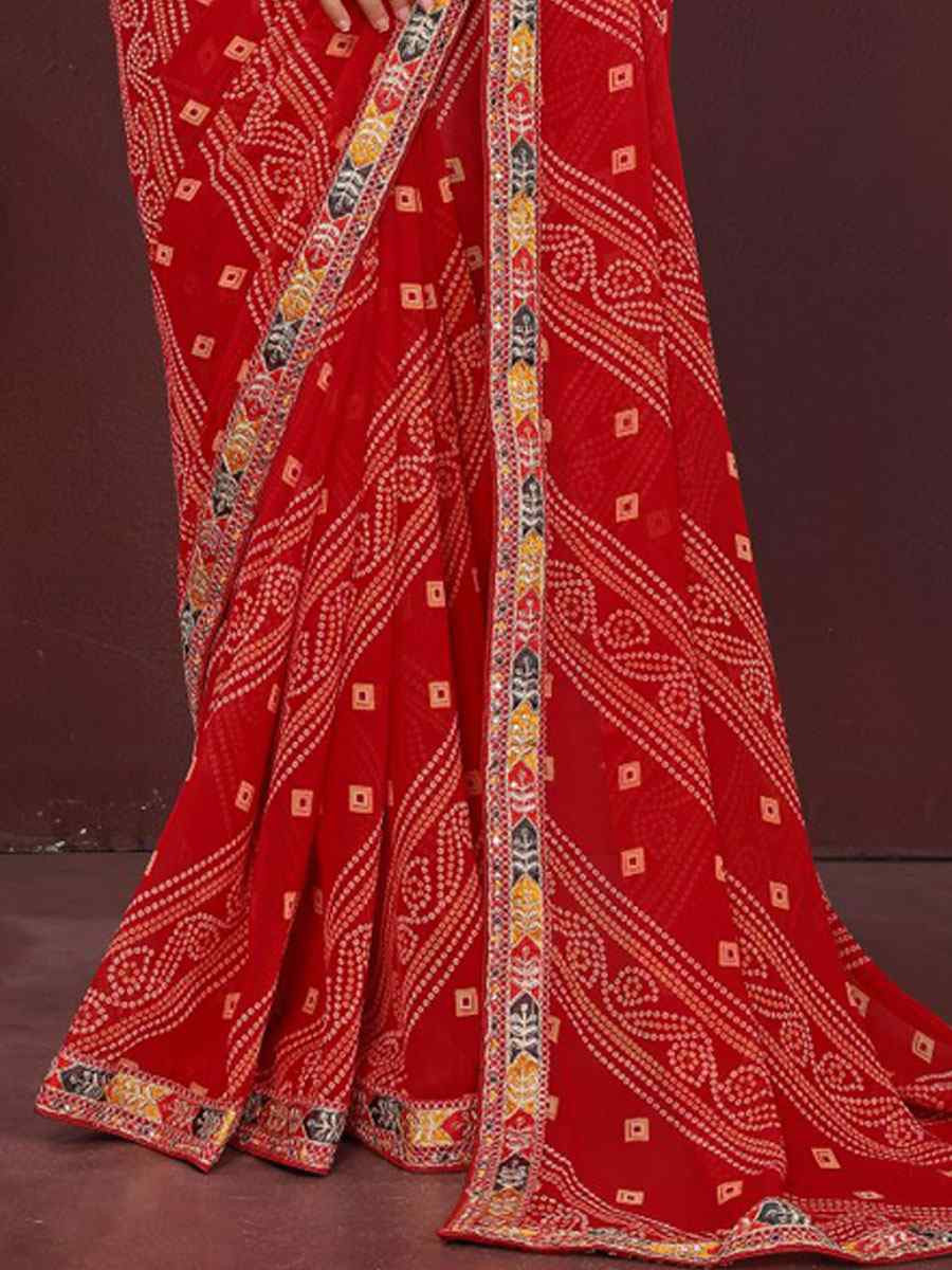 Maroon Georgette Bhandej Printed Embroidery Traditional Festival Reception Festival Wedding Fancy Heavy Border Saree