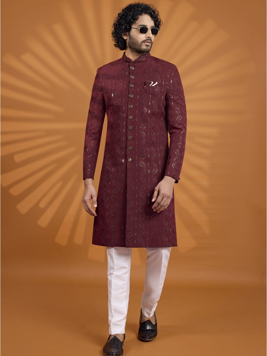 Maroon Georgette Embroidered Computer Thread work Wedding Party Festival Groom Sherwani