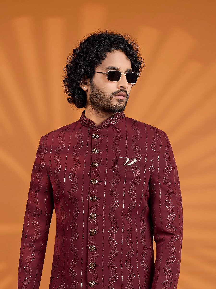 Maroon Georgette Embroidered Computer Thread work Wedding Party Festival Groom Sherwani