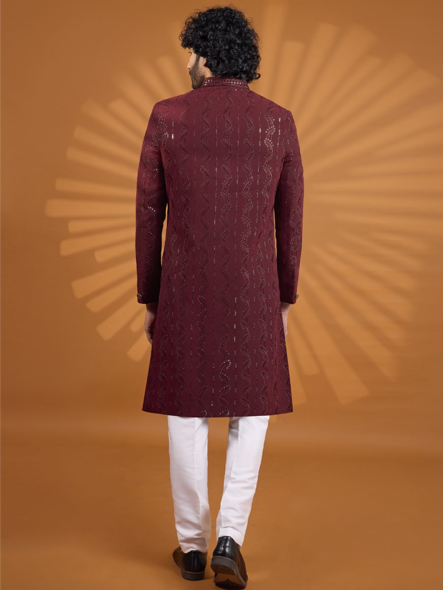 Maroon Georgette Embroidered Computer Thread work Wedding Party Festival Groom Sherwani