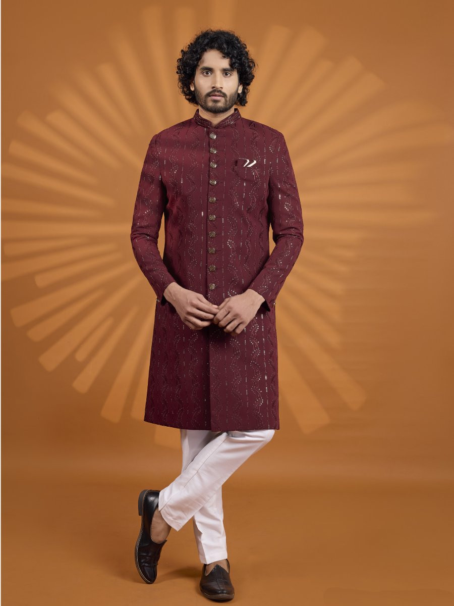 Maroon Georgette Embroidered Computer Thread work Wedding Party Festival Groom Sherwani