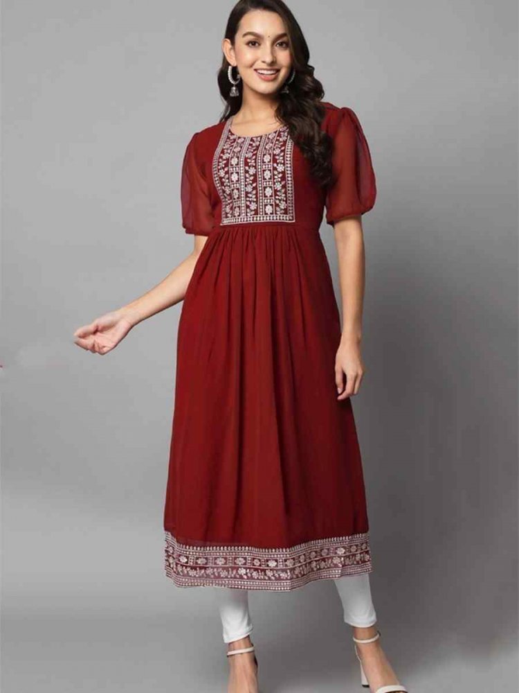 Maroon Georgette Embroidered Festival Casual Kurti