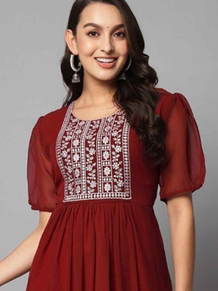 Maroon Georgette Embroidered Festival Casual Kurti