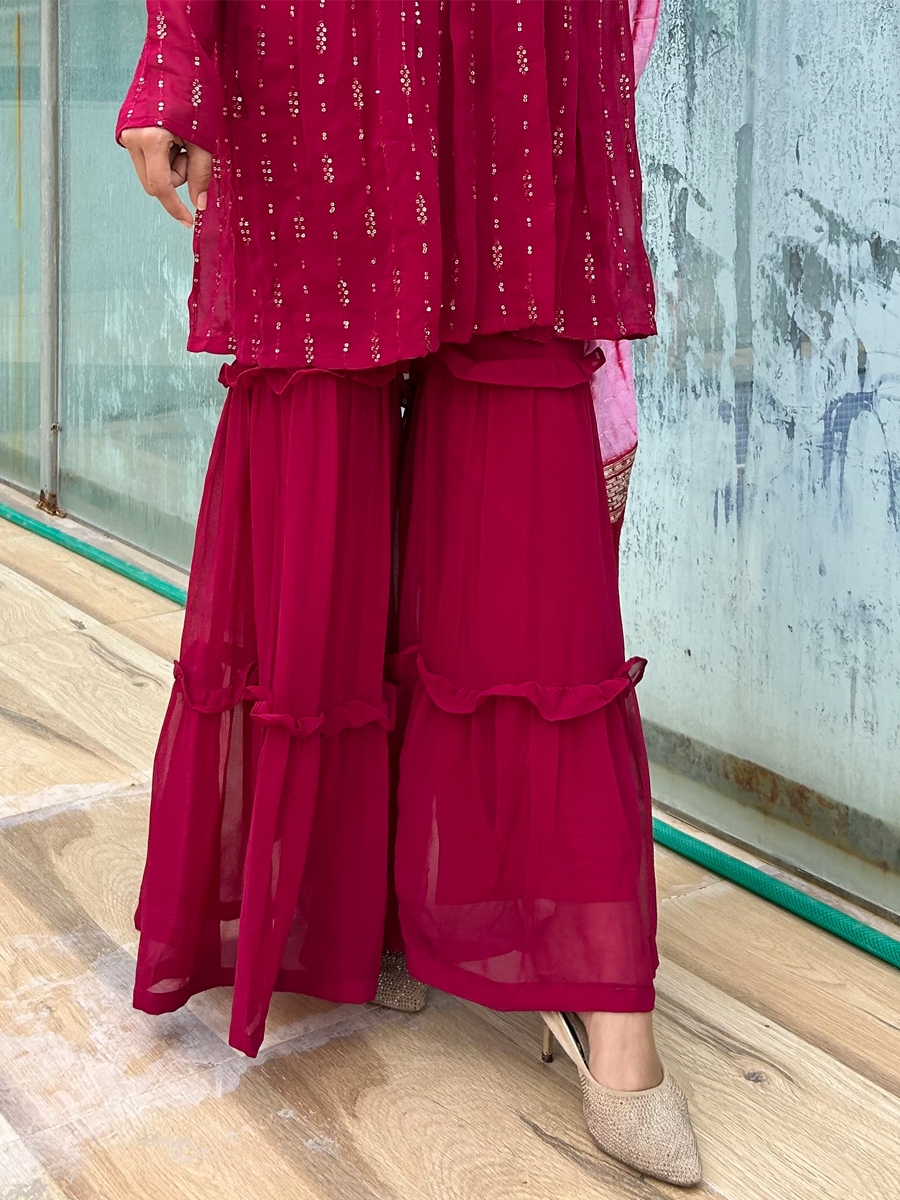 Maroon Georgette Embroidered Festival Casual Ready Palazzo Pant Salwar Kameez