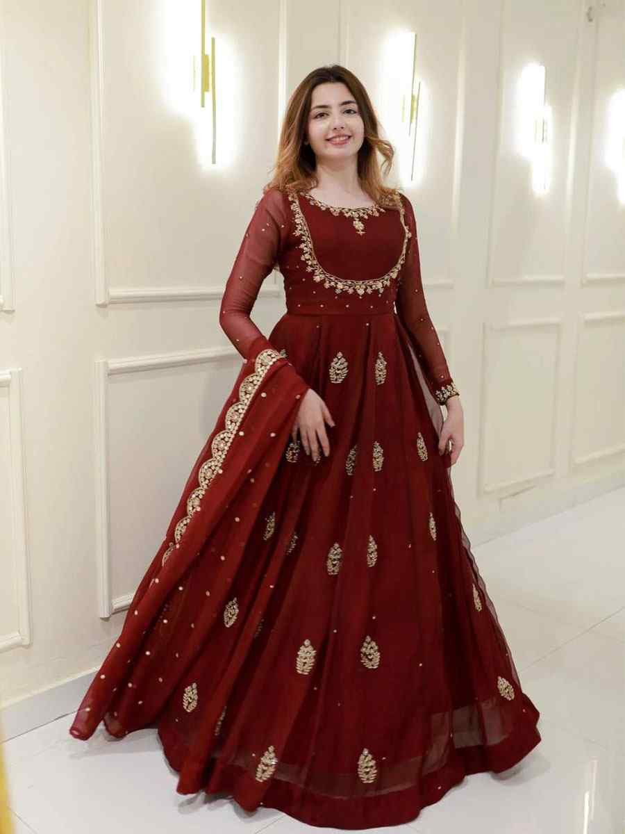 Maroon georgette Embroidered Festival Casual Wedding Gown