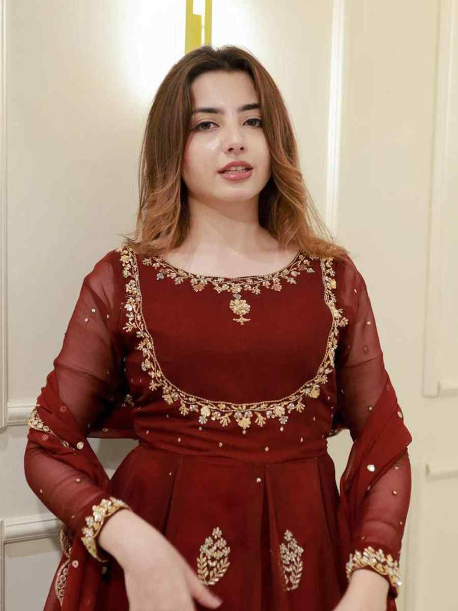 Maroon georgette Embroidered Festival Casual Wedding Gown