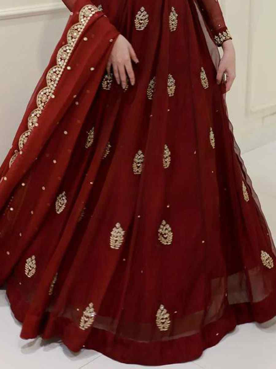 Maroon georgette Embroidered Festival Casual Wedding Gown