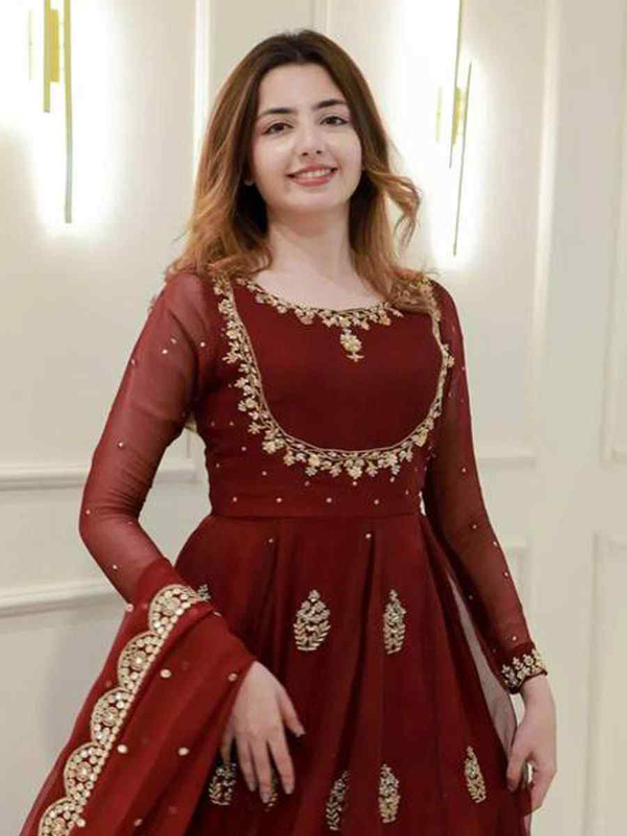 Maroon georgette Embroidered Festival Casual Wedding Gown