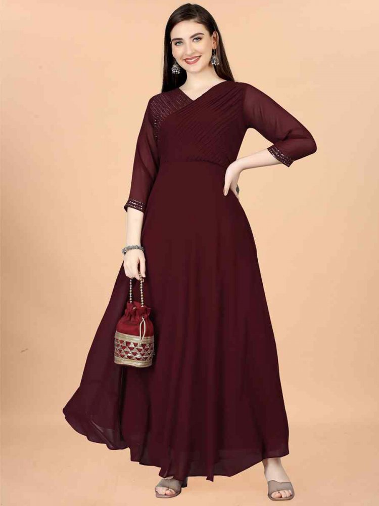 Maroon Georgette Embroidered Festival Party Gown
