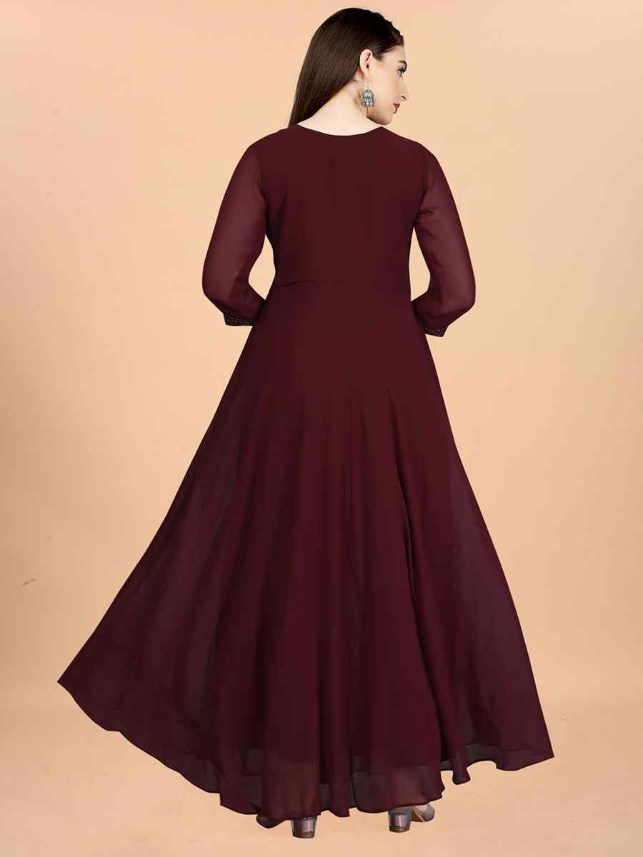 Maroon Georgette Embroidered Festival Party Gown